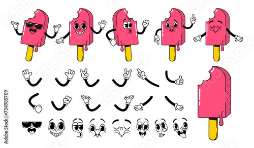 Cartoon Retro Ice Cream Groovy Character, Vector Construction Kit. Nostalgic Set For Creation Popsicle Personage