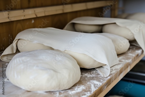 dough being covered with a cloth for fermentation on a shelf