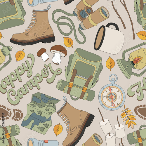 Retro groovy camping hiking outdoor recreation equipment vector seamless pattern. Backpack, trekking boots, compass, map, lantern, binoculars, flashlight, tourist supplies backdrop. Happy camper