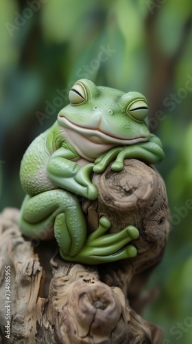 content green frog resting on twisted wood with soft green backdrop