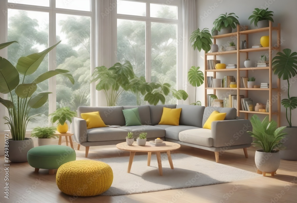 A bright and sunny living room with large windows, a gray sofa with green and yellow cushions, a wooden coffee table, a bookshelf, and various indoor plants