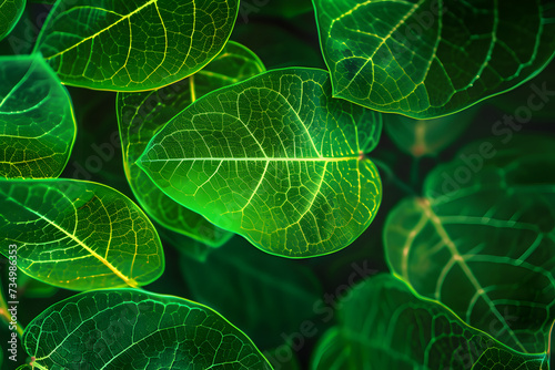 Green leave with neon light on background.