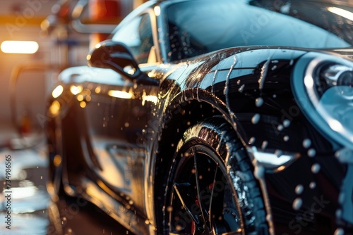 Professional Car Wash black Sportscar with Shampoo close-up