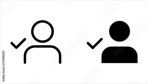 Profile with checkmark icon set, line outline art user account accepted symbol with tick, approved or applied person sign on white background