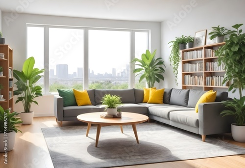 A bright and sunny living room with large windows  a gray sofa with green and yellow cushions  a wooden coffee table  a bookshelf  and various indoor plants