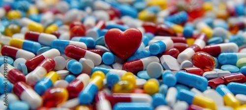 Heart shaped love pills for man power on blurred background, health and wellness concept