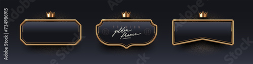 Set of luxury black badges with gold metal frames and crown. 3d golden banners - decoration elements for identity design, greeting card, cover, poster or invitation. Vector illustration.