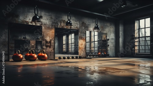 Fitness Gym: Dumbbells and Kettlebells with Chairs photo