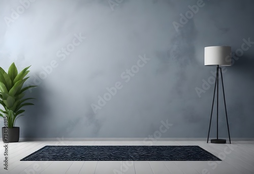 A minimalist interior scene with a gray textured wall, a green potted plant on the left, a black floor lamp on the right, and a blue patterned rug on the floor