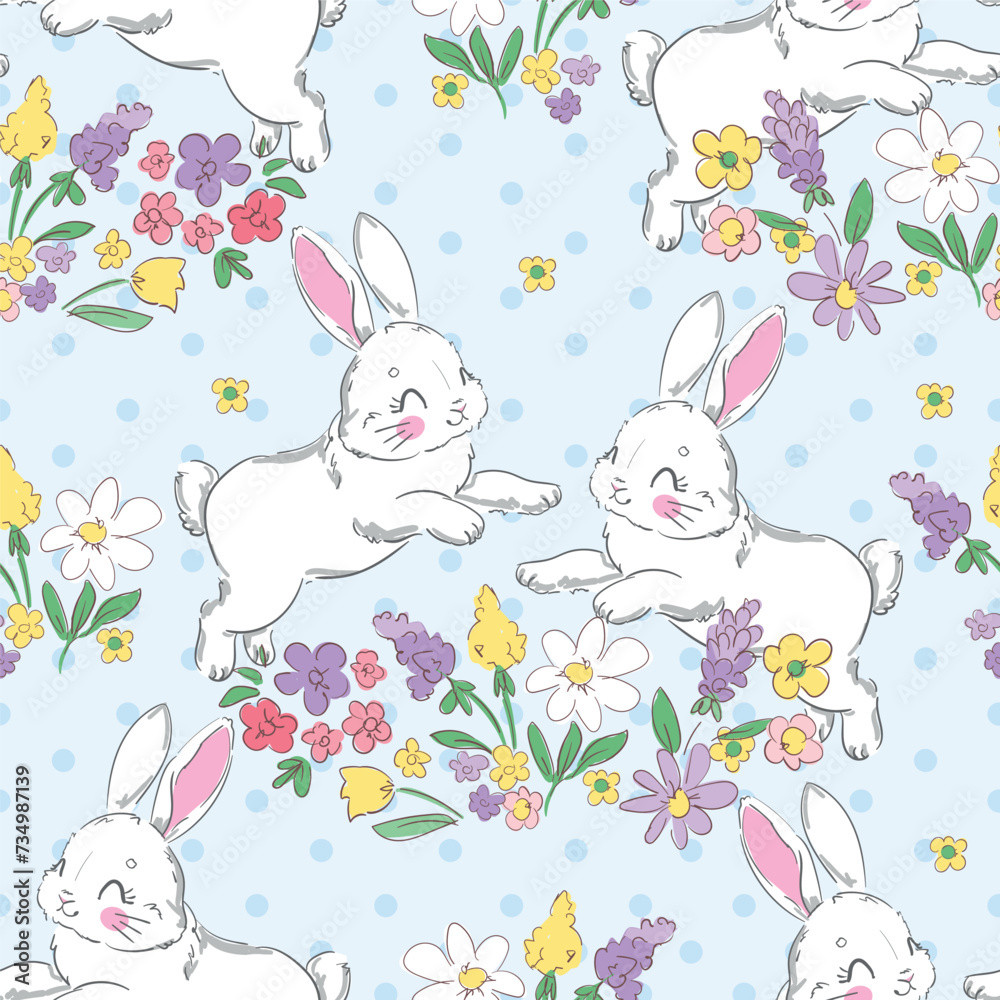 Hand Drawn Cute Rabbits and Flower background vector seamless, Little Bunny pattern Kids print. Hand Drawn Cute Rabbits and Flower background vector seamless, Little Bunny pattern Kids print.