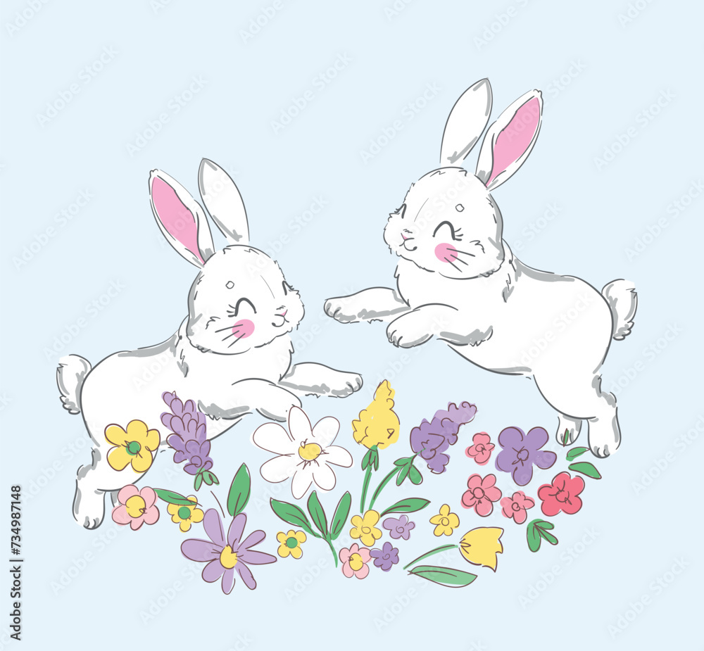 Hand drawn cute bunny and flowers, kids print design, vector illustration Hand drawn cute bunny and flowers, kids print design, vector illustration