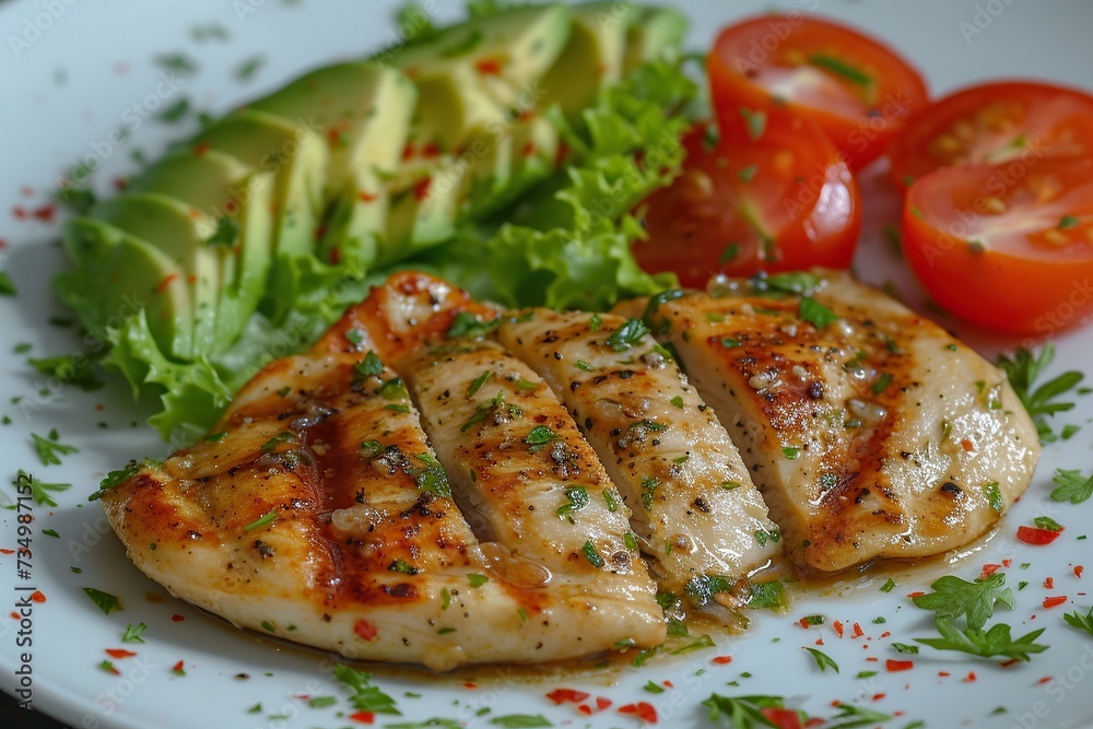 Healthy food diet, Grilled chicken meat and fresh vegetable salad of tomato and avocado Healthy food diet, Grilled chicken meat and fresh vegetable salad of tomato and avocado