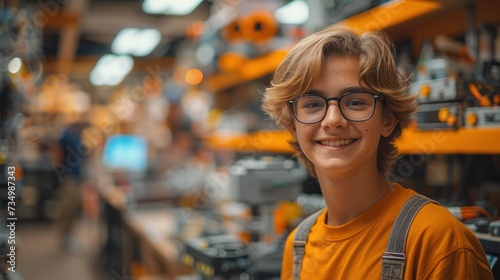 Smiling young boy with glasses selecting items in a well-stocked hardware store, conveying a sense of joy in DIY shopping.
