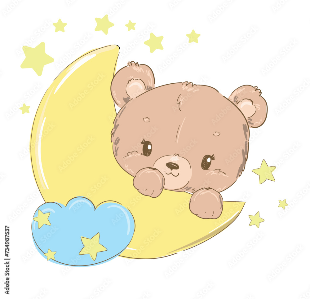 Hand Drawn Cute Bear and moon Vector Illustration, Woodland animal, Print for childrens Hand Drawn Cute Bear and moon Vector Illustration, Woodland animal, Print for childrens