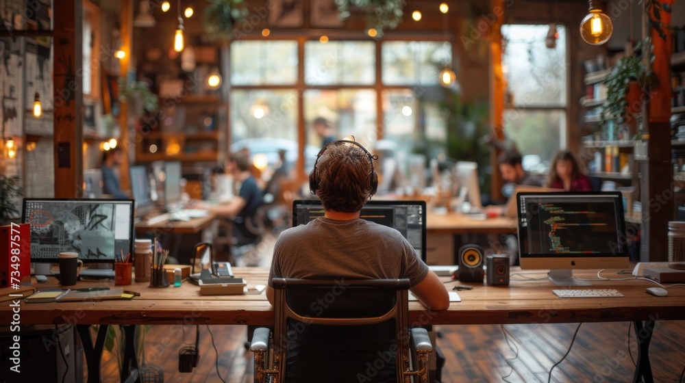 man with beard businessman working behind laptop in coffee shop in evening. interior decorated with Christmas decor, light bulbs are shining, hands on keyboard typing text. The concept small business.