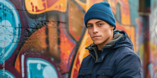 Young Man in Blue Beanie and Winter Jacket Against Graffiti