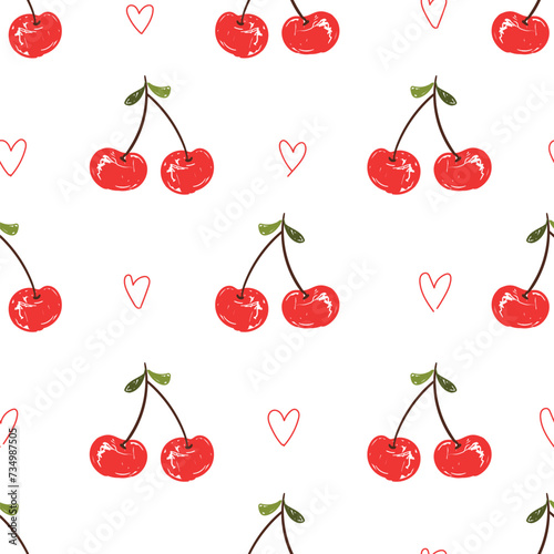 Hand drawn Cherry and Heart print pattern seamless. Spring Summer trend textiles. Fruity background Valentines Day. Vector Illustration.