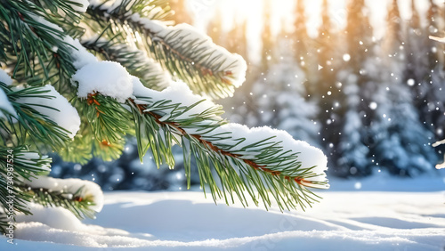 beautiful nature winter scene background with snowy pine tree branch at the edge concept banner. snow covered fir tree