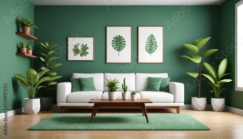 A modern living room with a white sofa, green walls, and a green rug. There is a wooden coffee table in front of the sofa, flanked by potted plants.