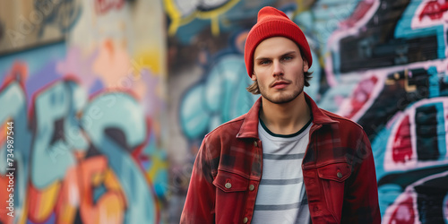 Fashionable Man in Red Beanie and Plaid Jacket by Graffiti Wall