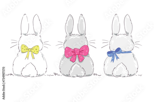 Hand Drawn Vector Rabbit, Cute Bunny, Rabbits with bow cute illustration. Print for children's t-shirts. 