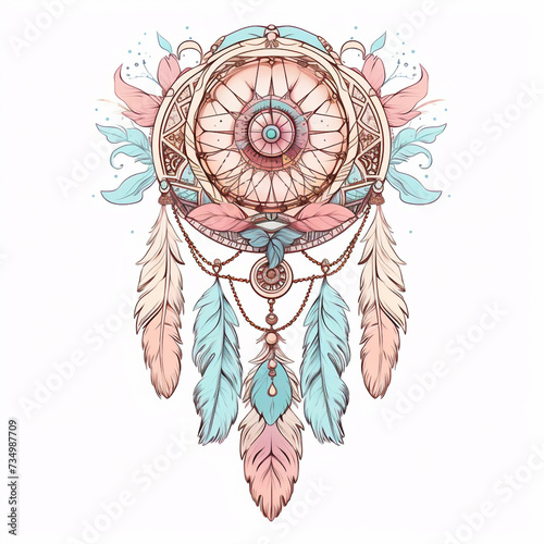 Dream catcher, esoteric tarot symbol,  boho chic, pastel colors. Isolated illustration linear style