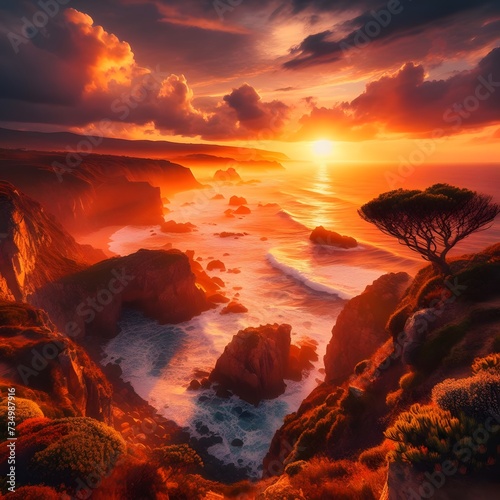 Beautiful sunset over the ocean. Digital painting. 3d rendering. AI Generated