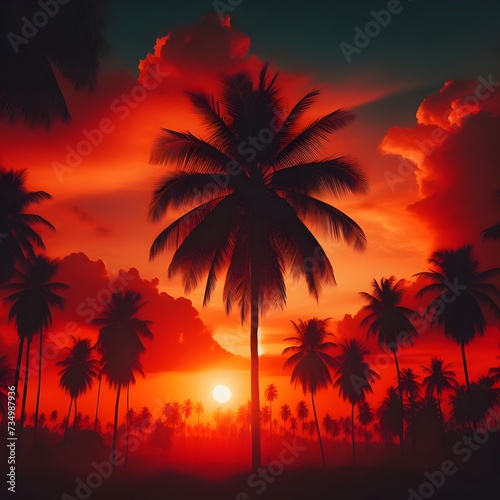 Silhouette of palm trees on the background of a beautiful sunset. AI Generated