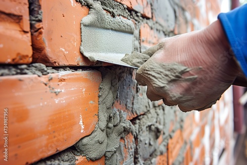 bricklayer applying mortar to a brick wall with a trowel photo