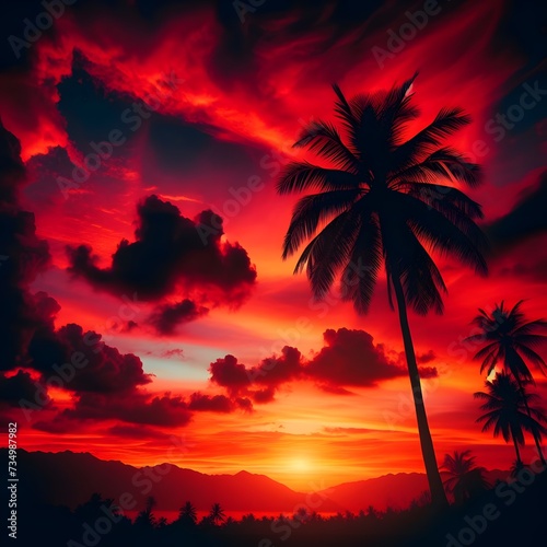 Silhouette of palm trees on the background of a beautiful sunset. AI Generated