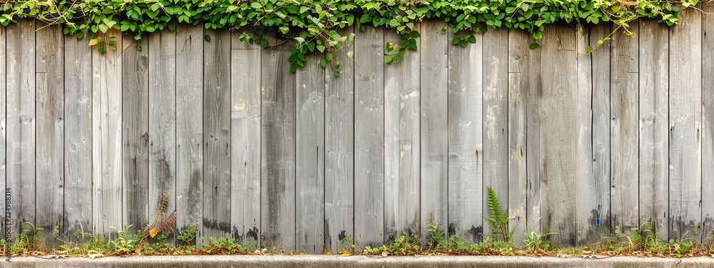 Wooden fence adorned with ivy, blending into the natural landscape Wooden fence adorned with ivy, blending into the natural landscape