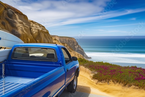 blue pickup truck with surfboards, parked by seaside cliff, sunny day