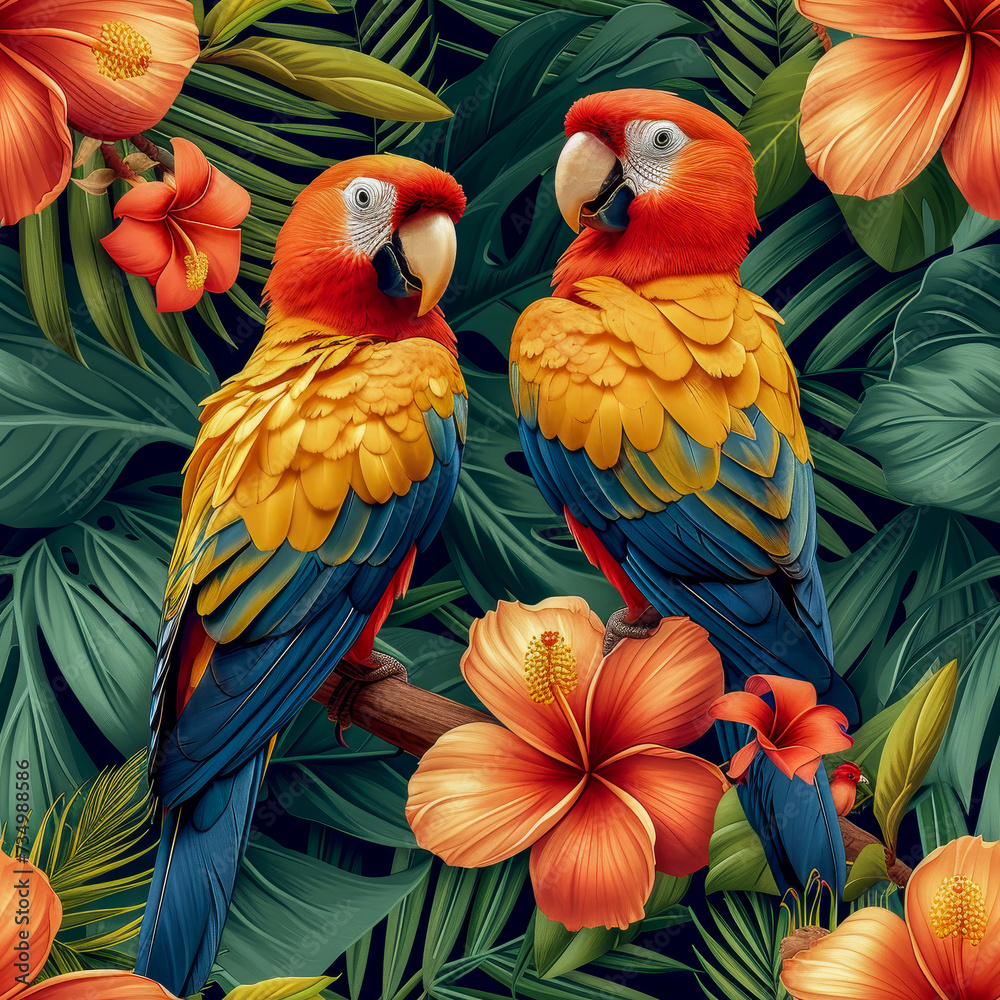 Fototapeta premium Tropical rainforest parrot as background, ai generated