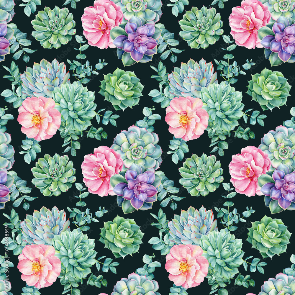 Cute Tropical Summer succulents seamless pattern. Watercolor green plant, flower rose. Hand painted vintage background