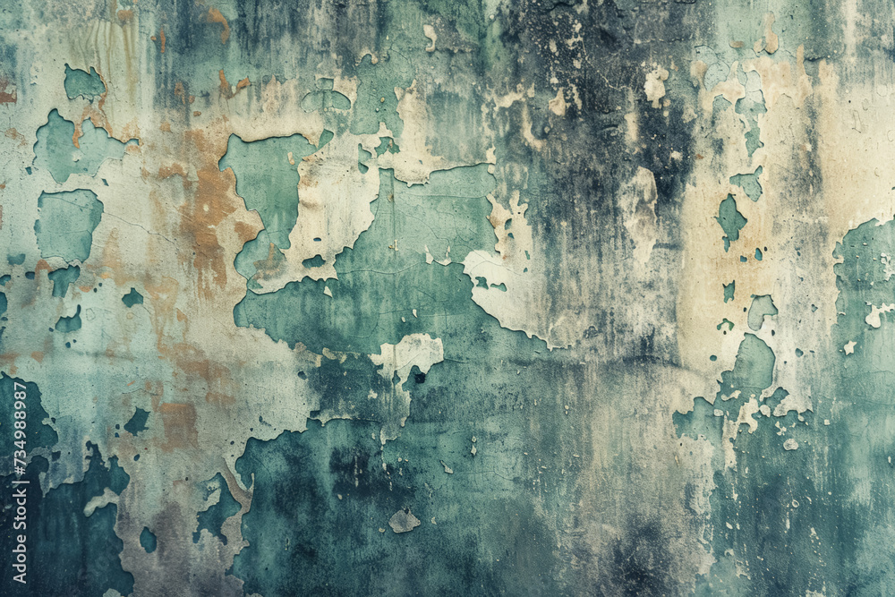 Mottled wall with turquoise and rust paint peeling.
