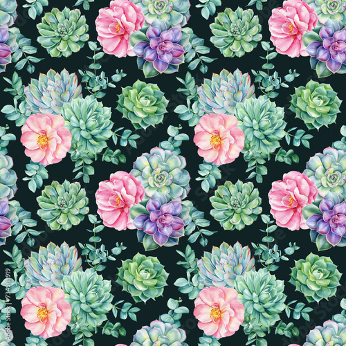 Cute Tropical Summer succulents seamless pattern. Watercolor green plant, flower rose. Hand painted vintage background