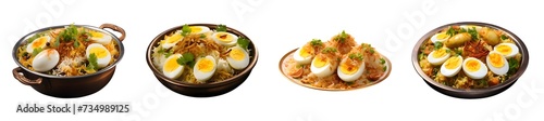 Set of anda biryani or egg biryani served in handi or plate on transparent background.
