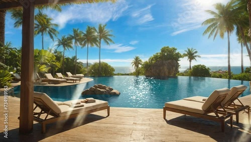 The Sunny Tropical Terrace overlooks the pool, where you can relax and bask in the hot sun. Seamless looping 4K video animation background. photo