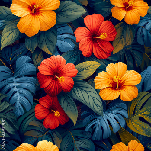 Tropical rainforest leaves and flowers as background, ai generated © Dominique
