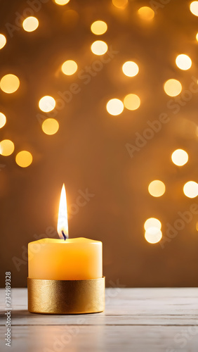 burning candle with bokeh lights in golden colors festive concept with copy space. burning candles in the dark