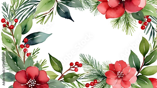 Christmas floral frame winter greenery border holiday greeting card template hand painted