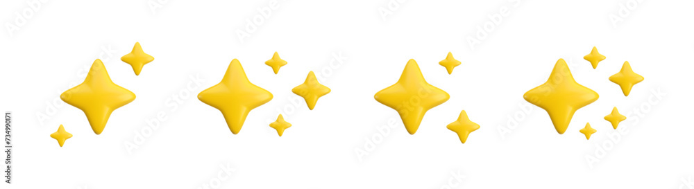 Vector 3d gold sparkle star set set collection on white background. Cute realistic cartoon 3d render, glossy yellow four pointed shining stars concepts for magic sparkling decoration, web, game, app