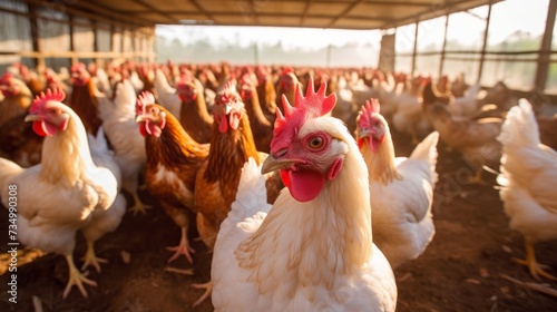 A large poultry farm with red and white hens and roosters. Meat and egg production, agriculture, poultry farming, industrial business.