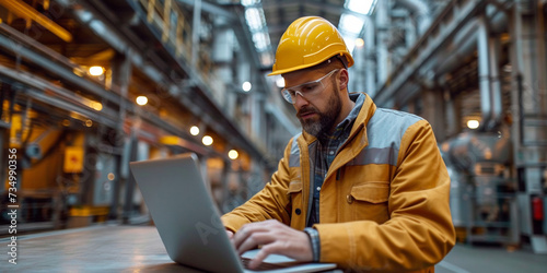 A focused engineer in an industrial facility uses a laptop, ensuring safety and control.