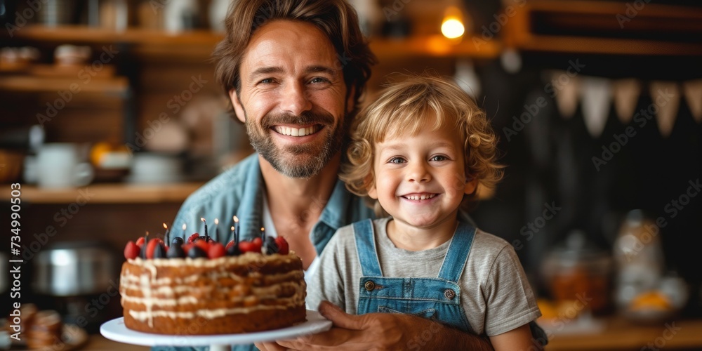 A positive family moment in the kitchen as a father and adorable child make a birthday cake. A positive family moment in the kitchen as a father and adorable child make a birthday cake.