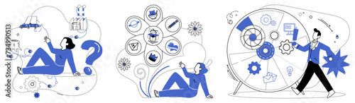 Business innovation vector illustration. Intelligence is craftsman carving sculptures success in world business Progress is compass pointing north in vast landscape business development