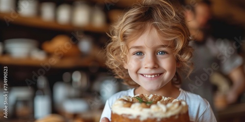 An excited and adorable little child holds a delicious birthday cake in a festive kitchen setting.