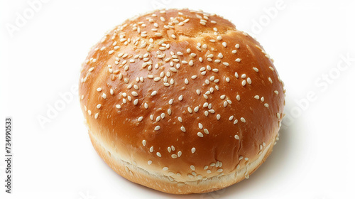 Top view shot of a hamburger bread bun, isolated on white background. The freshly baked, golden brown color and a sprinkling of sesame seeds on top. Made with generative ai