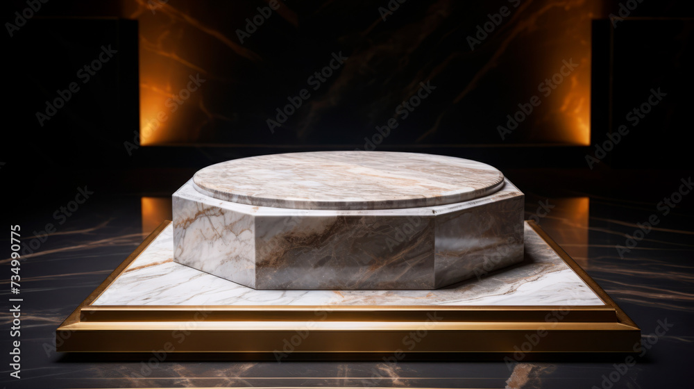 A circular marble platform with gold accents set against a fiery backdrop, conveys exclusivity and is ideal for product displays.