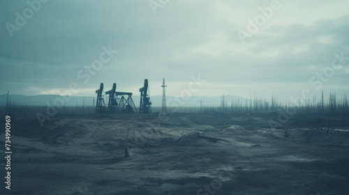 Oil drill industrial heavy polluted landscape. Ecology concept. Generative AI © AngrySun